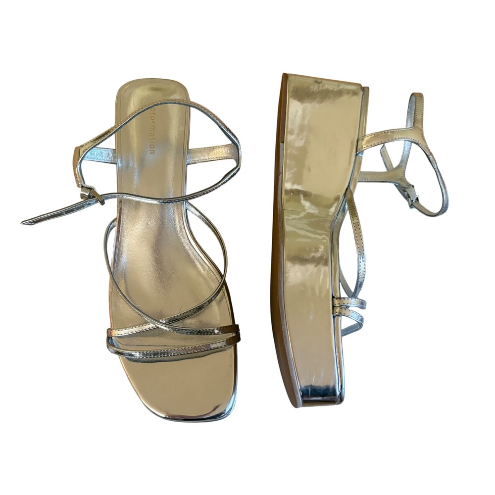 REFORMATION Zolanda Wedge Platform Sandals Chrome Silver Size 8.5